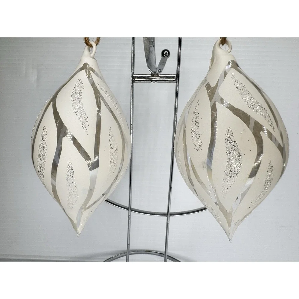 Pottery Barn NWT Set of 2 White Silver Glitter Glass Teardrop Hanging Ornaments